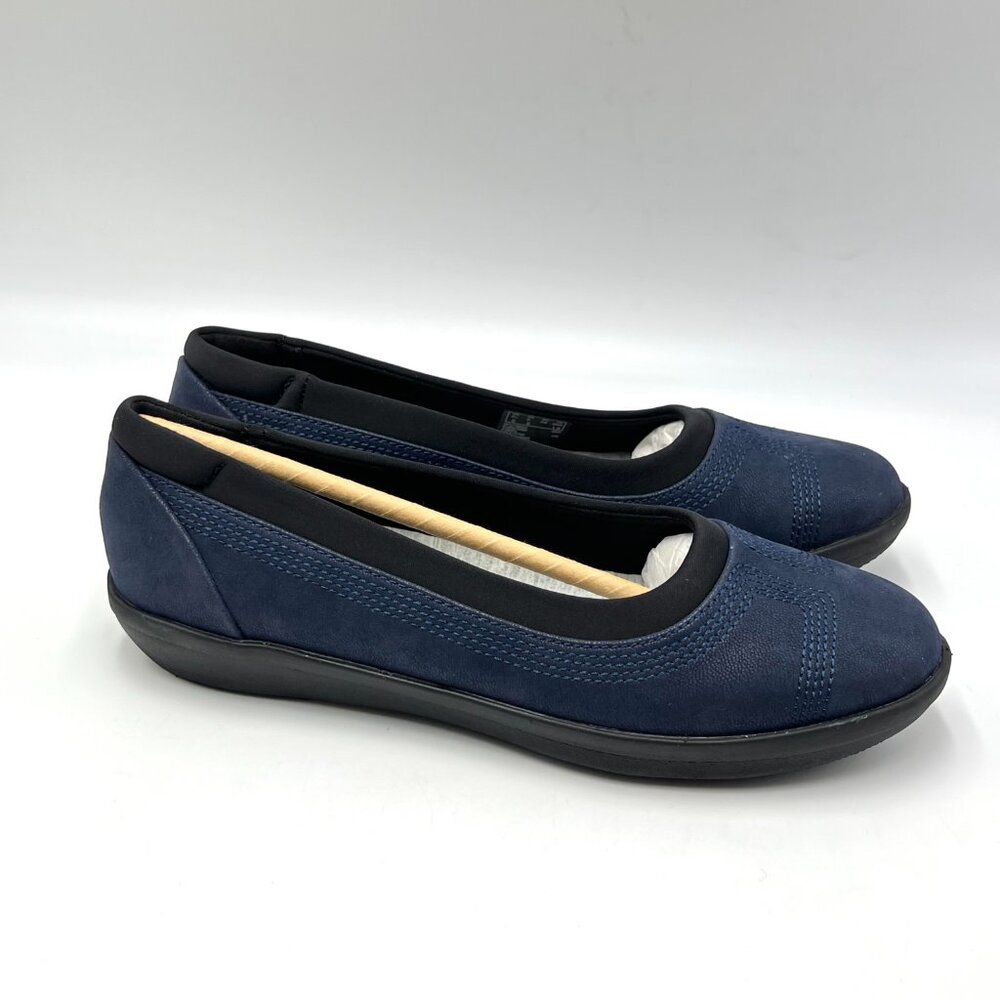 Clarks Womens Size 6 Ayla Low Blue Black Slip On Comfort‎ Flats Loafers Shoes